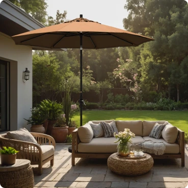 Elegant backyard setting featuring the Golden State Series 9FT Patio Umbrella with Sunbrella fabric, aluminum ribs, and a sleek collar tilt for adjustable shade. Inspired by California’s warm sunsets, this designer patio umbrella enhances outdoor comfort with a durable aluminum frame and easy crank lift.