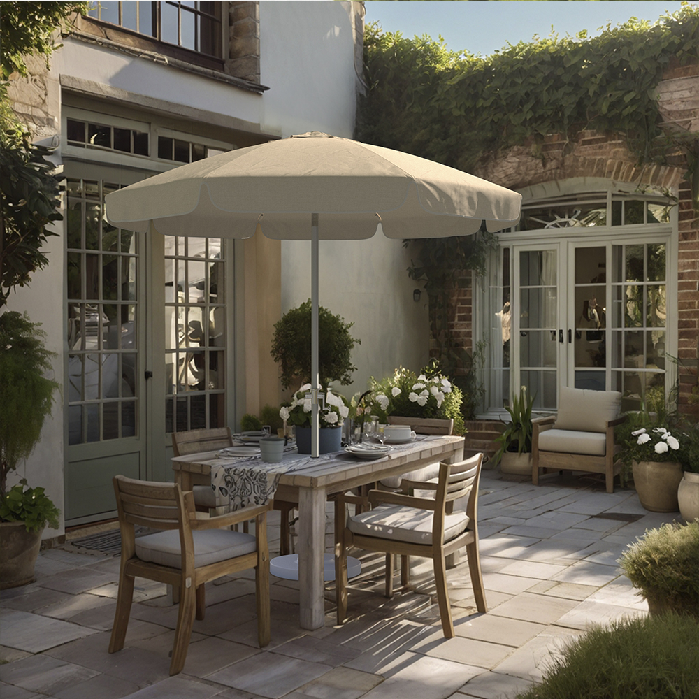 Image of the Shade Legacy Series Residential Patio Umbrella by California Umbrella, embodying a classic elegance with modern enhancements. This umbrella is tailored for residential use, perfect for adding a sophisticated touch to any backyard, patio, or garden. It features a durable aluminum pole and flexible fiberglass ribs that ensure resilience and quality. The easy crank lift and versatile push tilt provide seamless operation and precise shade adjustments, making it ideal for enjoying continuous comfort throughout the day. The Shade Legacy Series celebrates California Umbrella’s tradition of innovation and quality in outdoor shade solutions, offering a timeless design that complements any outdoor setting.
