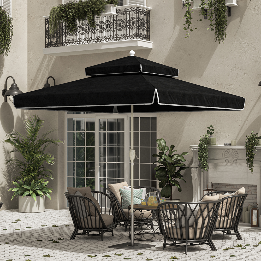Image of the Terrace Series Patio Umbrella by California Umbrella, inspired by the sophisticated ambience of terrace living. This umbrella is ideal for enhancing any outdoor space, from patios to gardens, providing both shade and a touch of elegance. Its unique two-tier canopy not only offers a distinctive look but also promotes enhanced airflow, ensuring comfort during warm days. Built with a durable aluminum frame and equipped with an easy crank lift and smooth push-button tilt, the Terrace Series merges longevity with ease of use, allowing for quick shade adjustments throughout the day. Elevate your outdoor living experience with the Terrace Series, embodying a perfect blend of function and sophisticated design.
