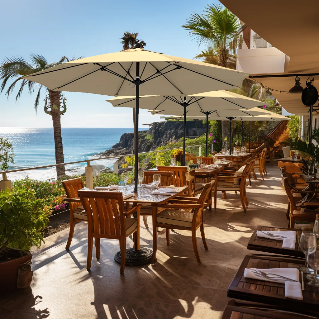 Lifestyle image showcasing the Madera Series Patio Umbrellas by California Umbrella, featuring warm, earthy canopies over outdoor dining tables in a serene, tree-lined setting, highlighting their classic design and robust durability for elegant commercial spaces.