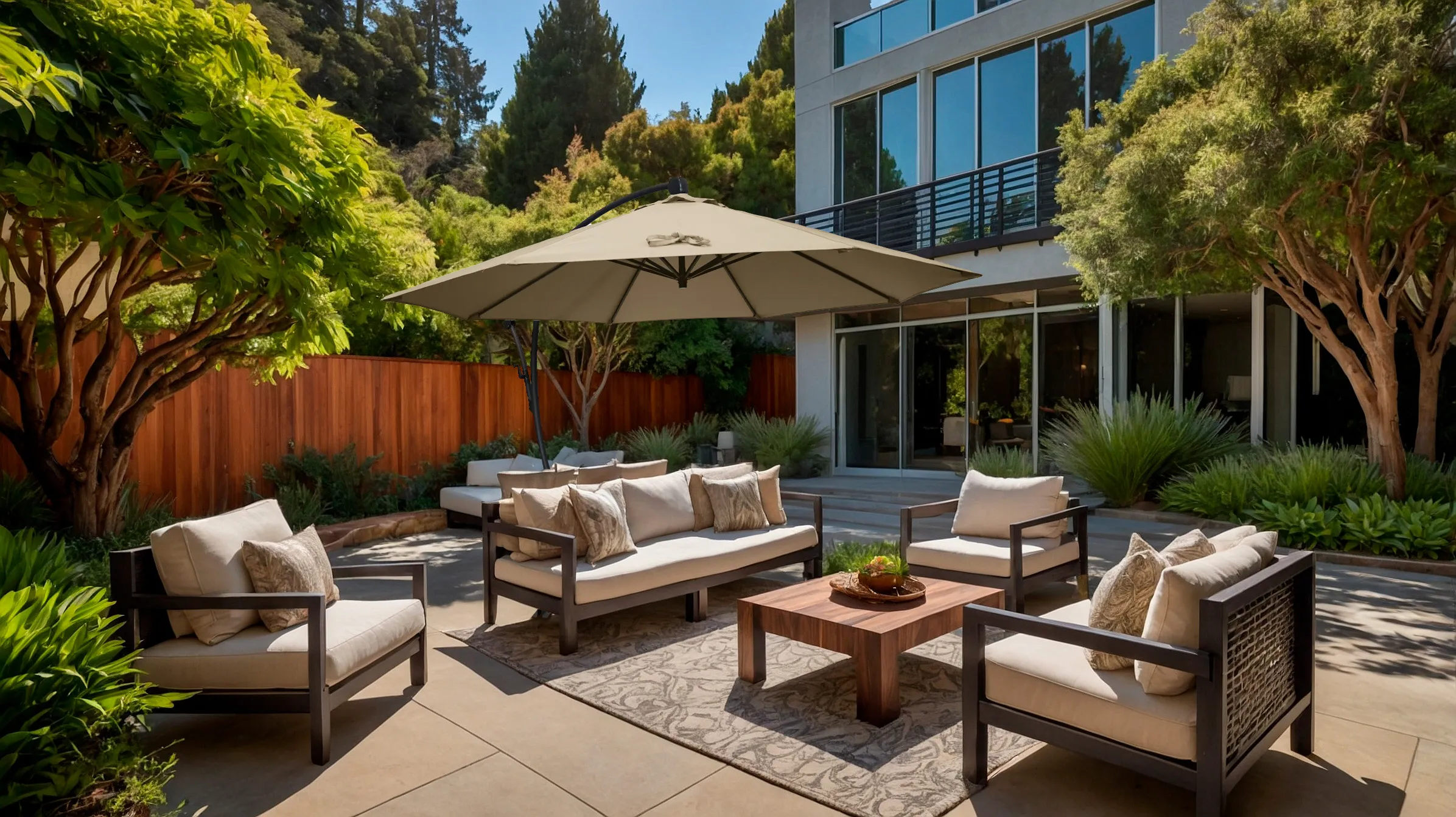 A Bayside Umbrella by California Umbrella stands over a cozy seating area on a residential waterfront patio, providing effortless shade with its cantilever design. Overlooking the calm bay, this residential-grade patio umbrella blends modern functionality with coastal elegance, offering versatile sun protection and an unobstructed open space. A gentle breeze and warm coastal glow complete the serene setting, embodying the relaxed California outdoor lifestyle.