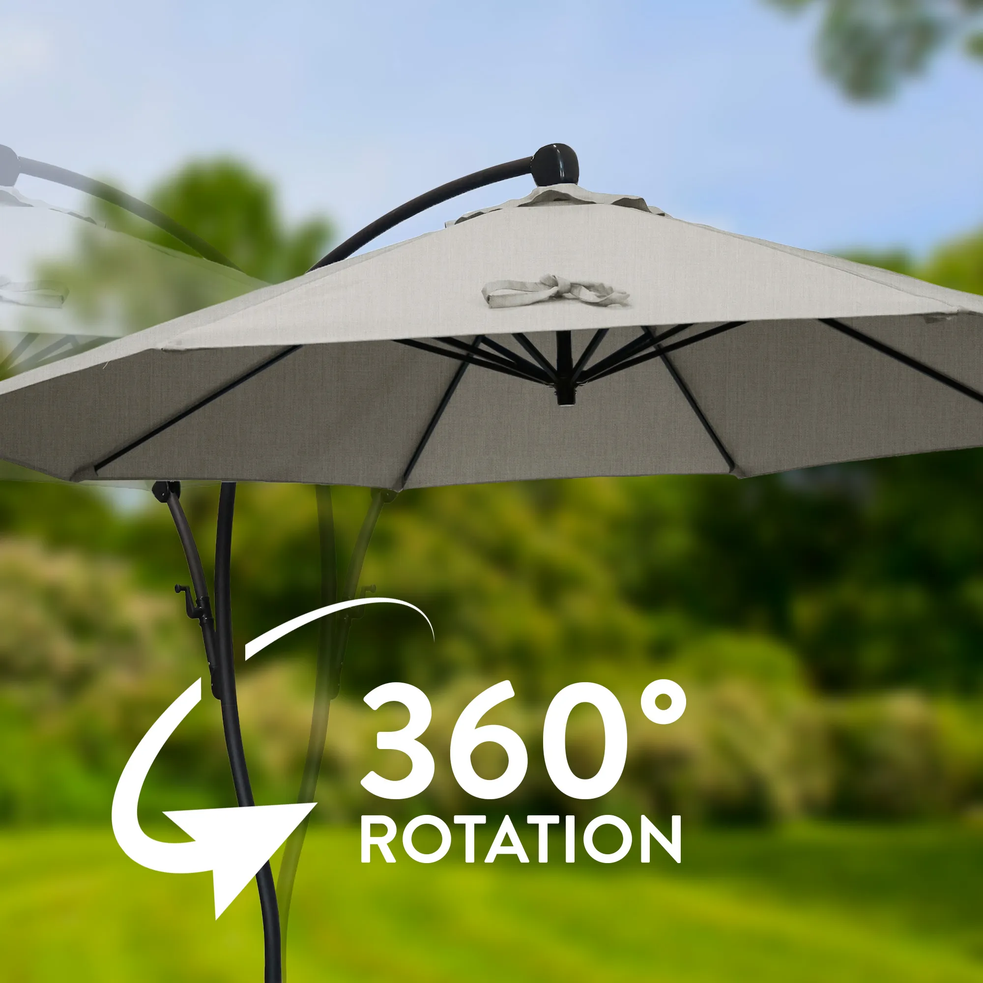  An image depicting the umbrella rotating on its base, showcasing its full 360-degree movement for flexible and versatile shade coverage.