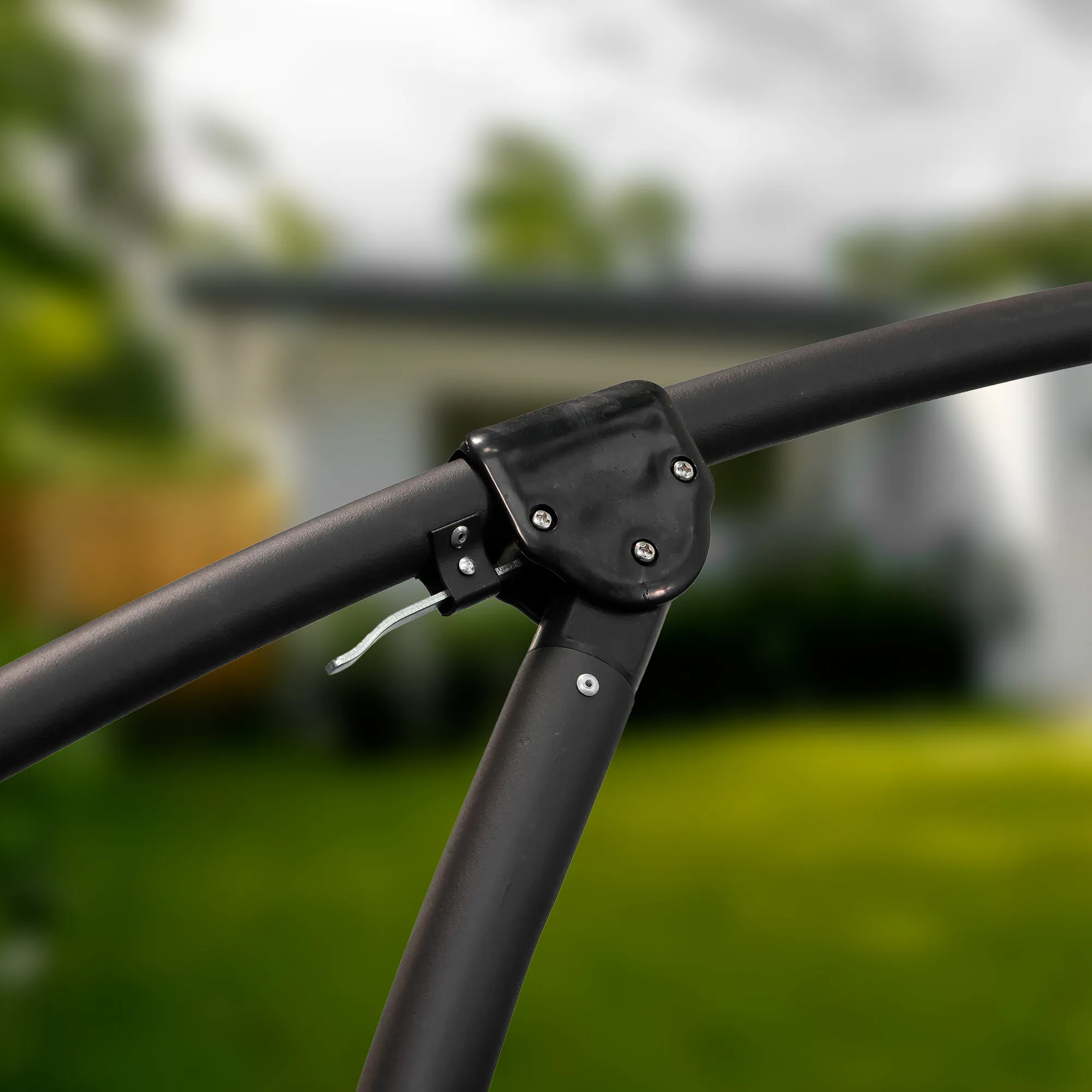 An image illustrating the umbrella's side tilt function, allowing for adjustable shade positioning to block the sun from different angles throughout the day.