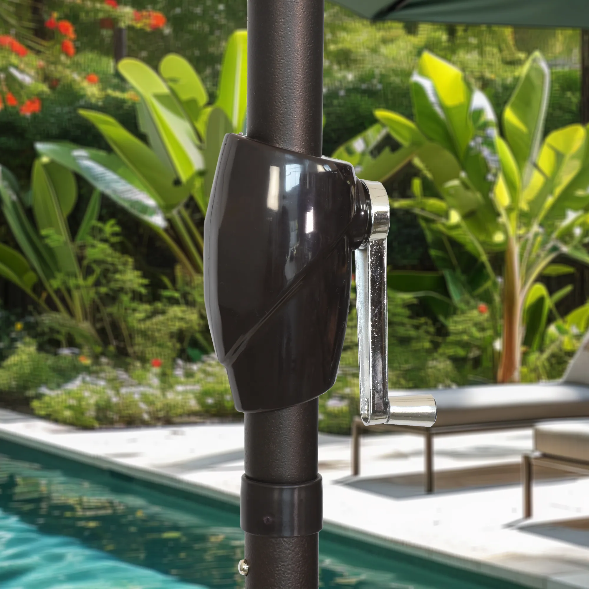 Image displaying the crank lift feature of the Casa Series Residential Grade Patio Umbrella by California Umbrella, illustrating the easy-to-use handle for opening and closing the umbrella.