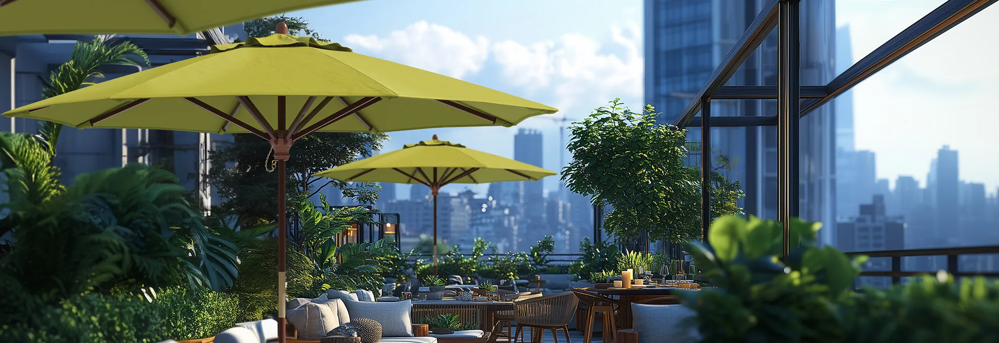 Hero banner showcasing the Grove Series all-wood commercial patio umbrellas by California Umbrella, featuring elegant wooden frames and vibrant yellow canopies in a modern rooftop garden setting.