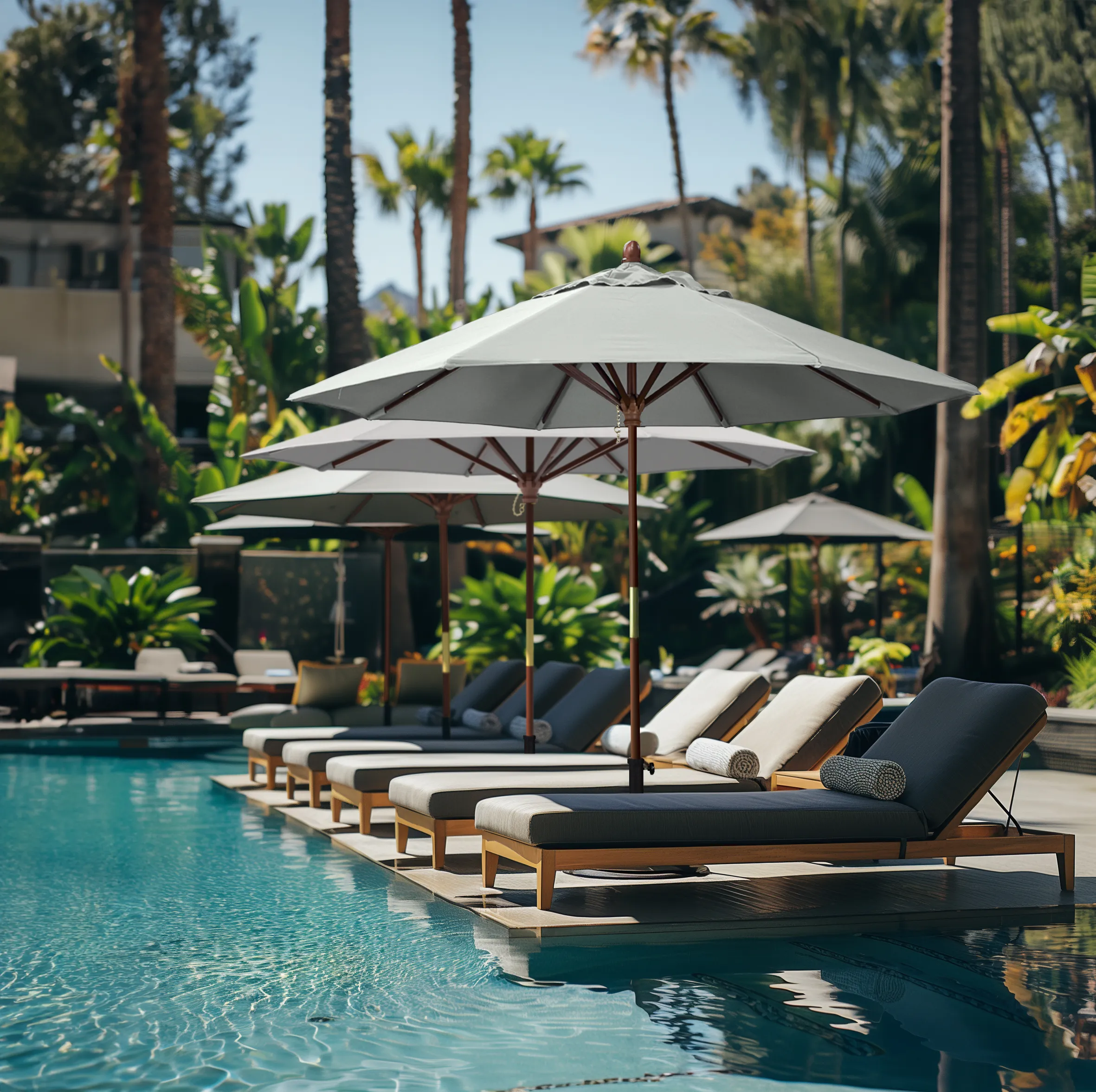 Classic wood charm of the Grove Series commercial patio umbrella by California Umbrella, featuring a durable all-wood frame paired with Sunbrella Natural color fabric, adding sophistication to a luxurious poolside setting.