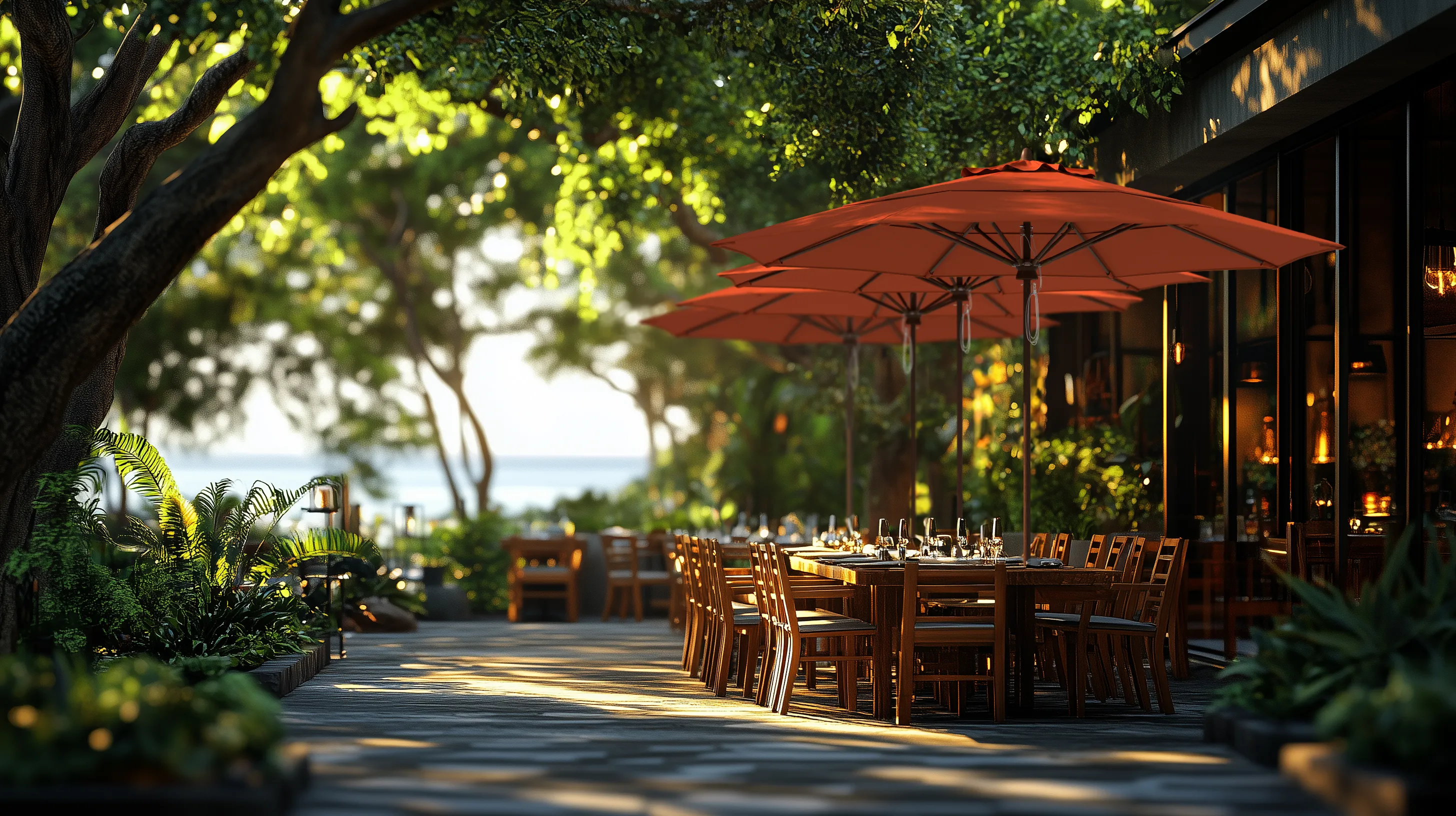VElegant outdoor dining area featuring the Madera Series commercial-grade patio umbrellas by California Umbrella, showcasing durable hardwood construction and vibrant canopies in a lush, natural setting.