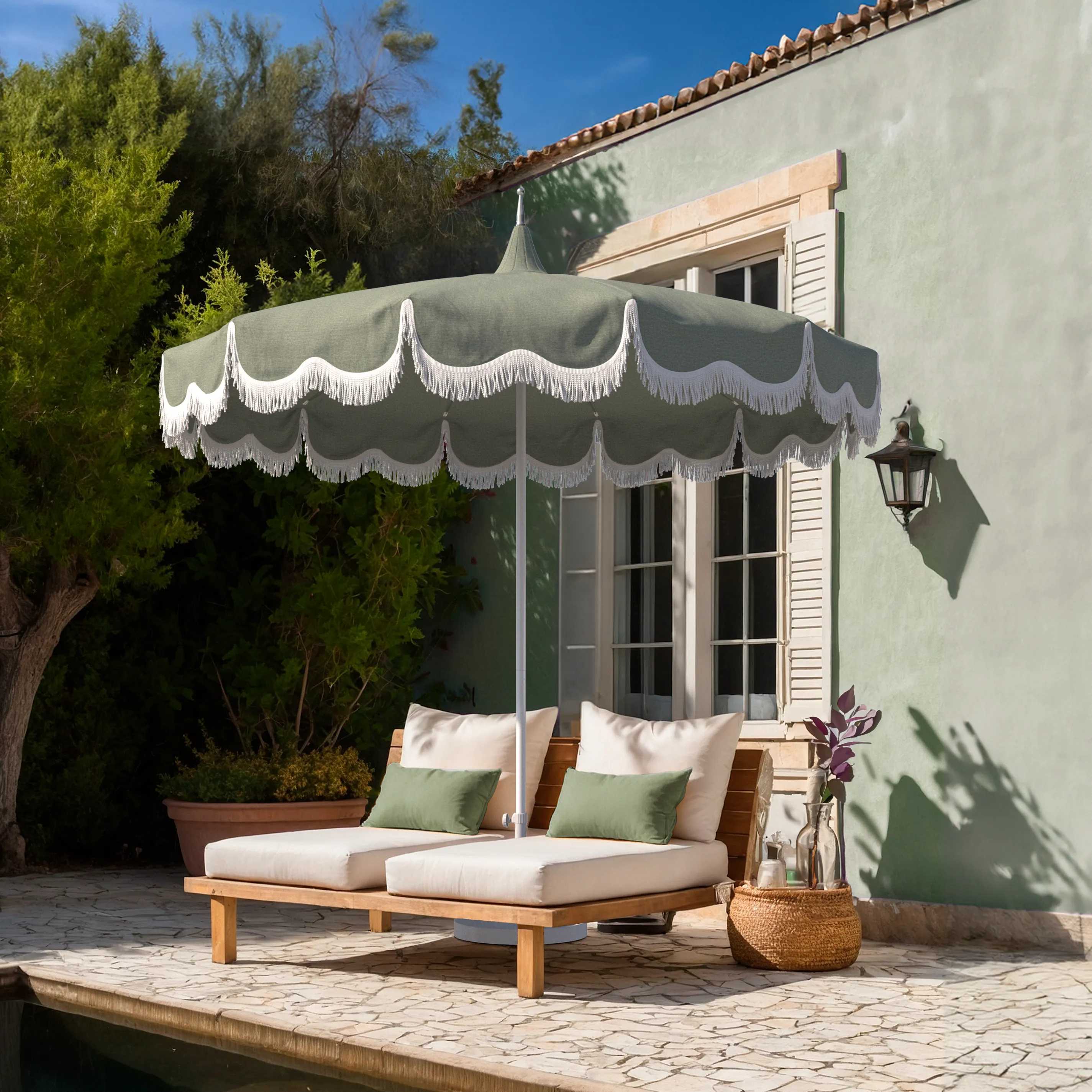 An image capturing the unique alternating panel pagoda-cut canopy, showcasing its timeless elegance and distinctive style that enhances any courtyard or outdoor setting.