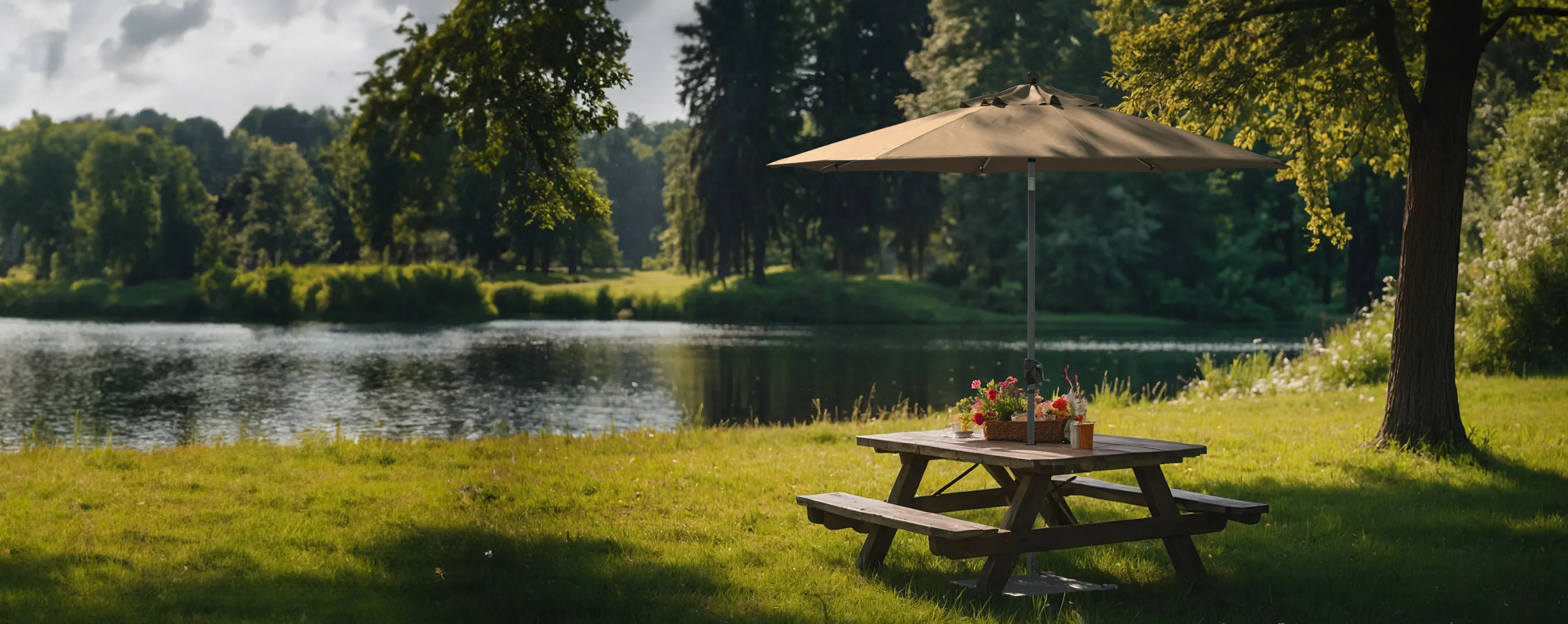 Serene outdoor setting featuring the Parkside Series Patio Umbrella by California Umbrella, showcased by a peaceful lakeside with a picnic table under the umbrella, ideal for capturing the essence of park-side relaxation with its robust design and tranquil surroundings.