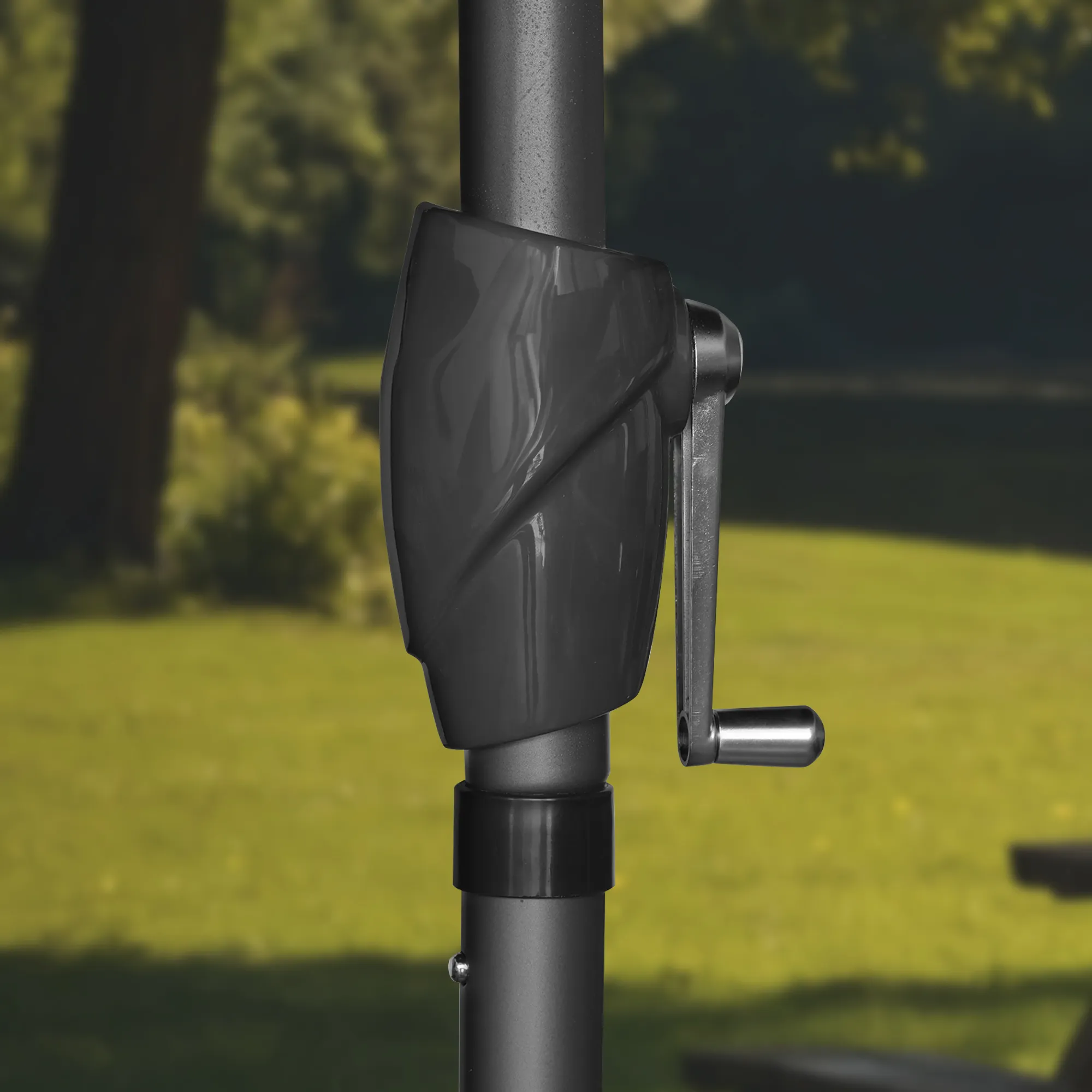 Close-up of the easy crank lift mechanism on the Parkside Series Patio Umbrella, demonstrating simple usability for adjusting canopy height.