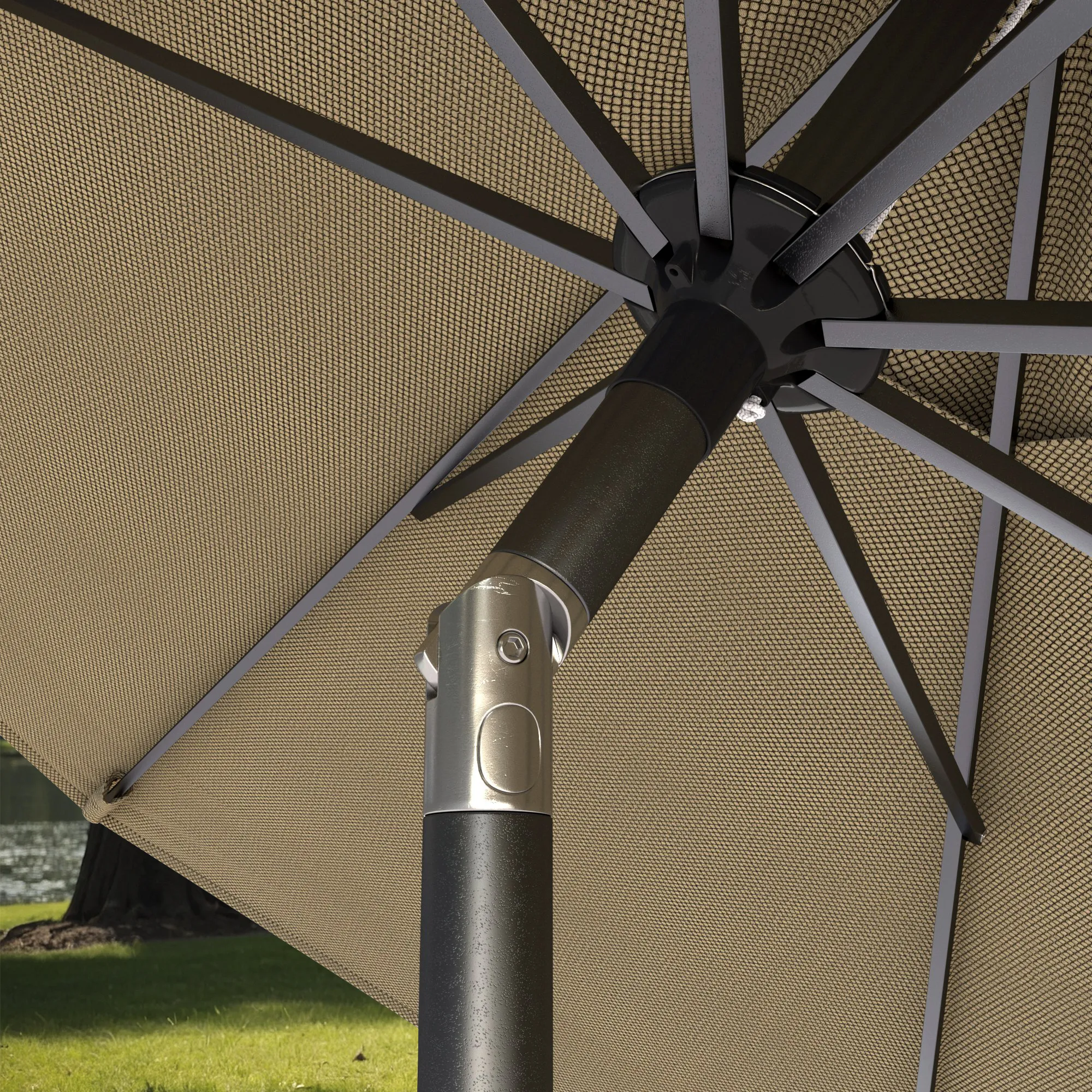 Detailed view of the simple push-button tilt feature on the Parkside Series Patio Umbrella, allowing for easy angle adjustments.