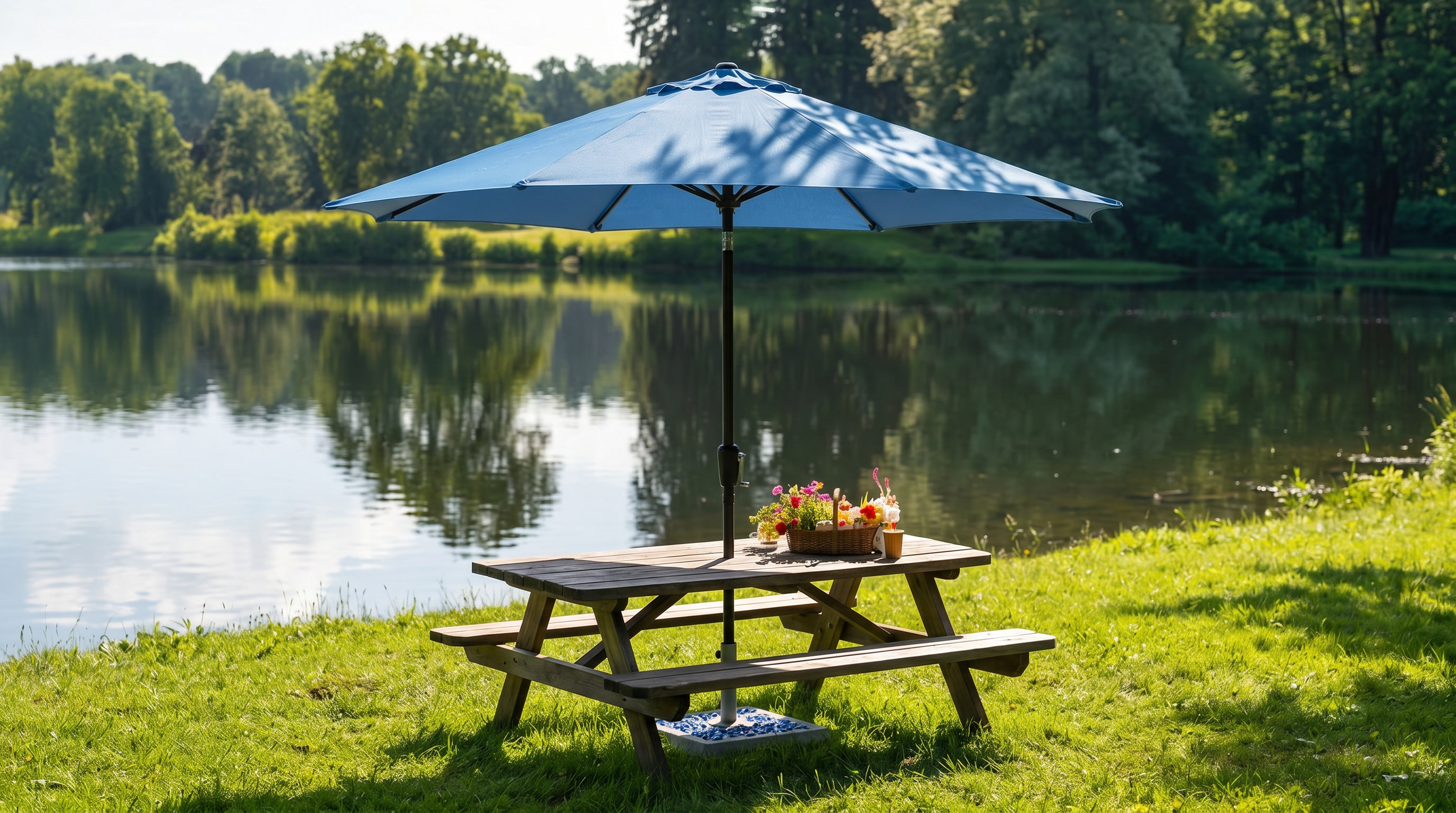 The Parkview Series Patio Umbrella by California Umbrella, a 9 ft hexagon canopy umbrella shading a relaxed outdoor setting.
