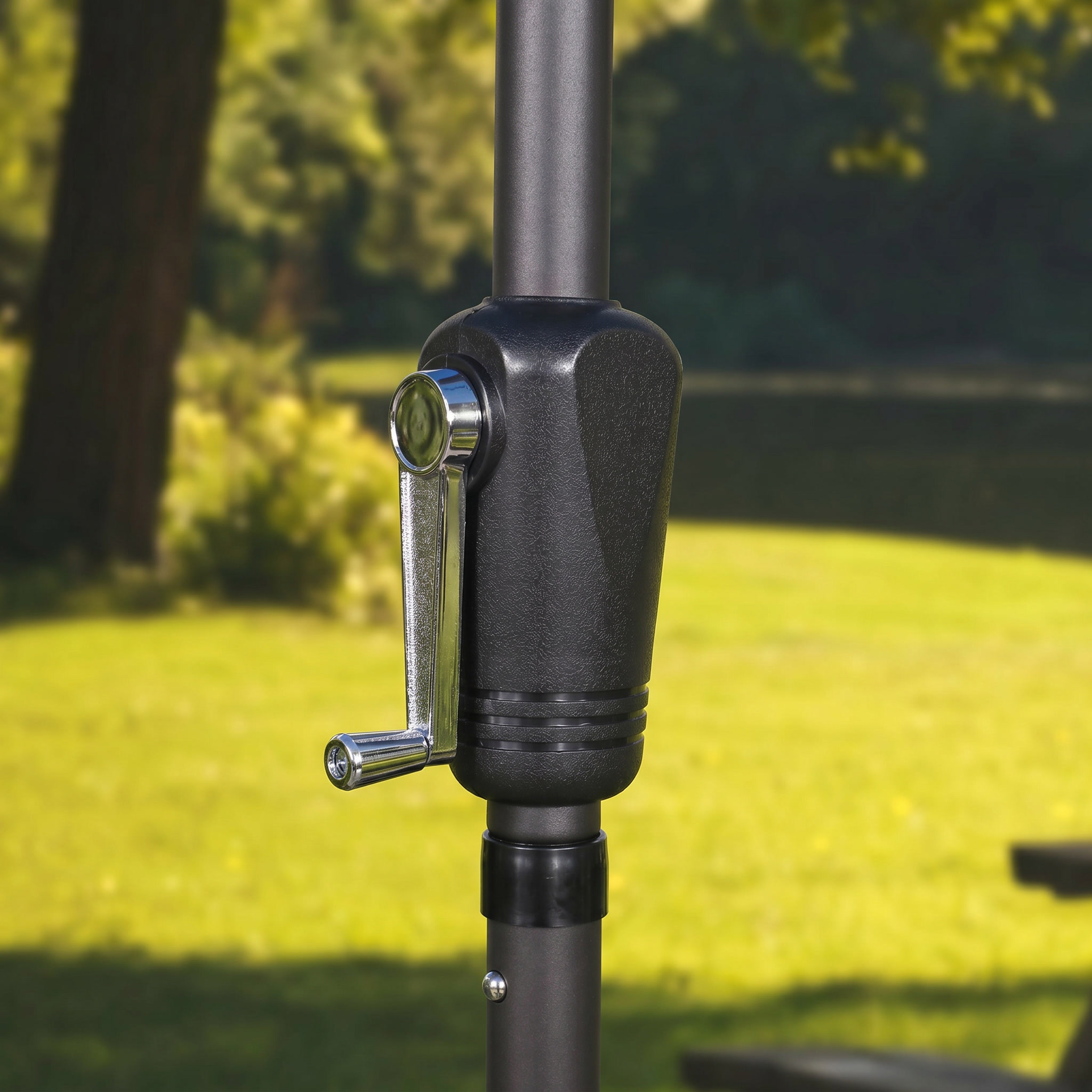 Close-up of the easy crank lift mechanism on the Parkview Series Patio Umbrella.