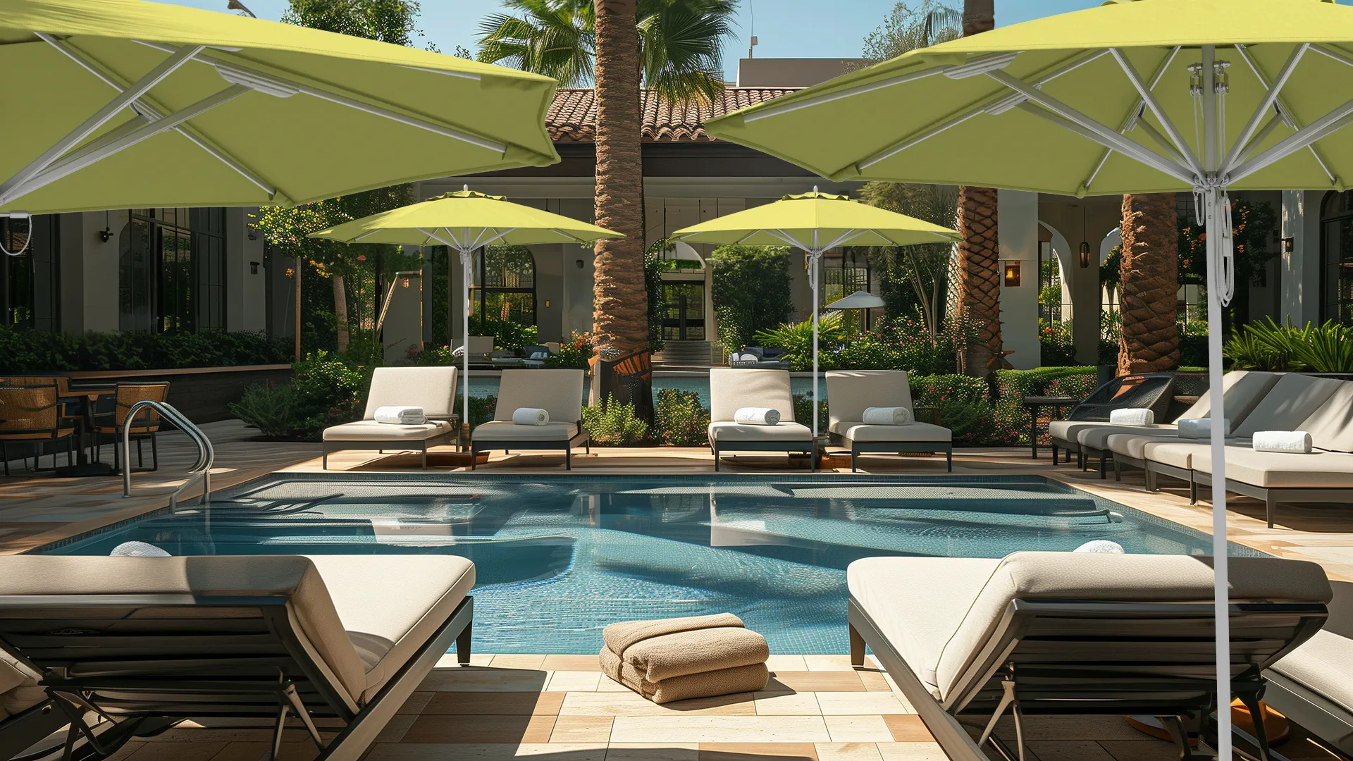 Venture Series Commercial-Grade Patio Umbrella by California Umbrella featuring durable Sunbrella fabric in Parrot color, displayed on a stylish rooftop patio with lush greenery and an urban skyline, ideal for upscale outdoor commercial settings.