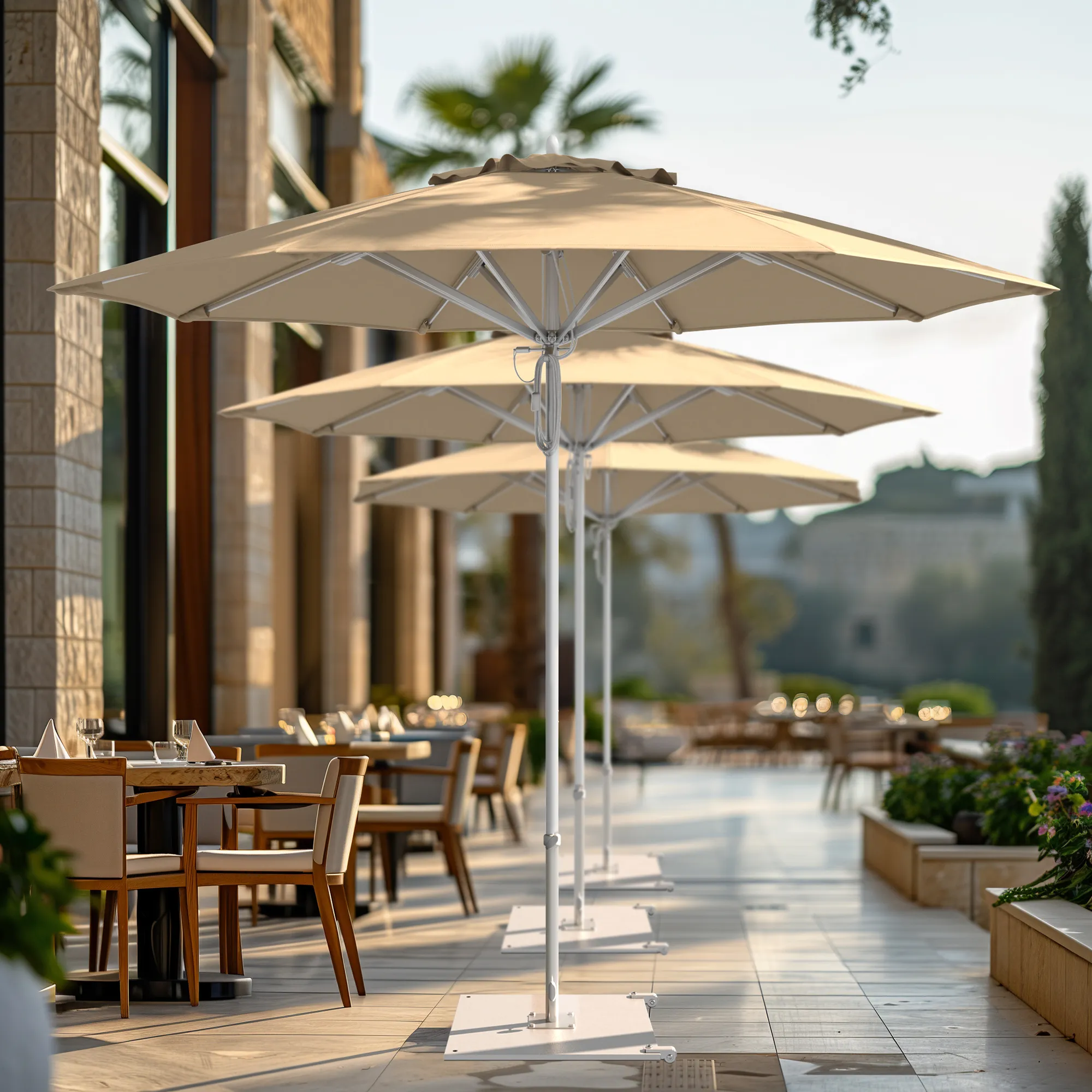 Sophisticated design of the Rodeo Series commercial patio umbrellas by California Umbrella, featuring elegant beige canopies and durable aluminum frames, perfect for upscale outdoor dining environments.