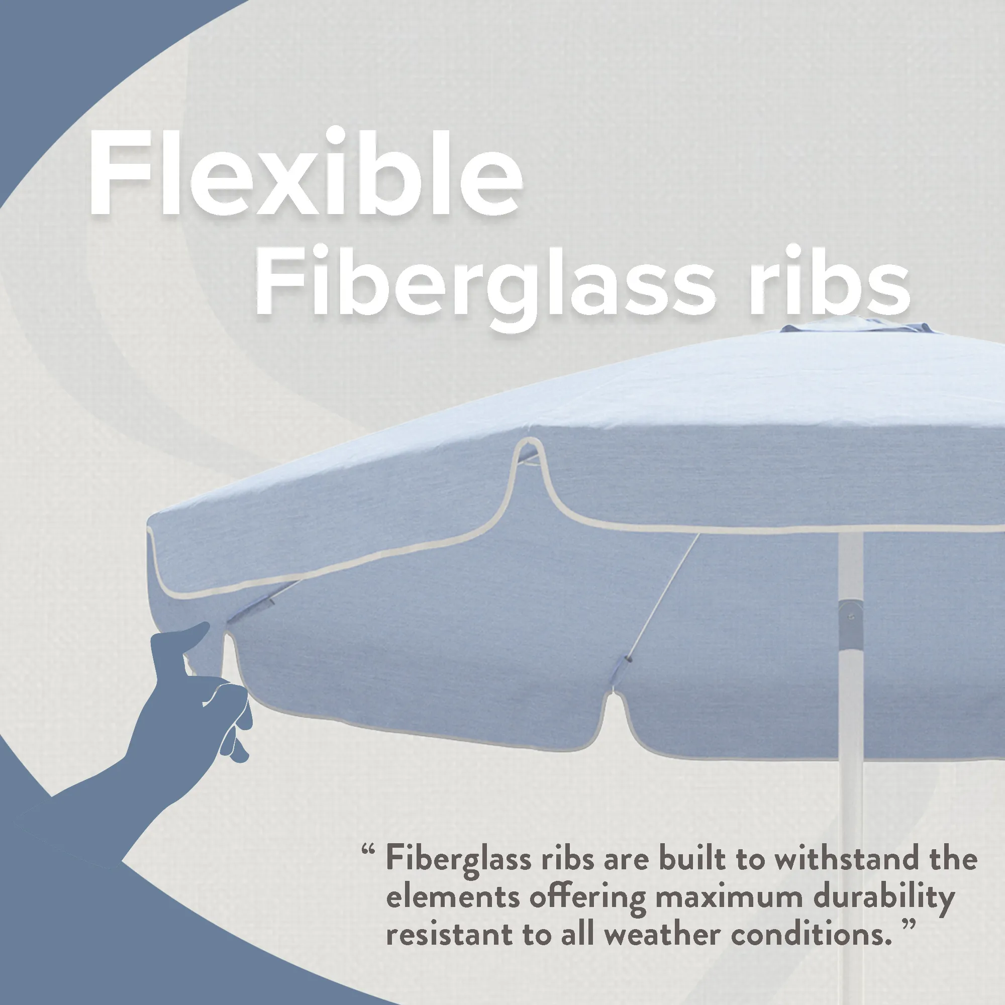 Photo highlighting the flexible fiberglass ribs of the Shade Legacy Series Residential Patio Umbrella by California Umbrella, illustrating their superior flexibility and wind resistance that ensure the umbrella retains its shape and effectiveness in various weather conditions.