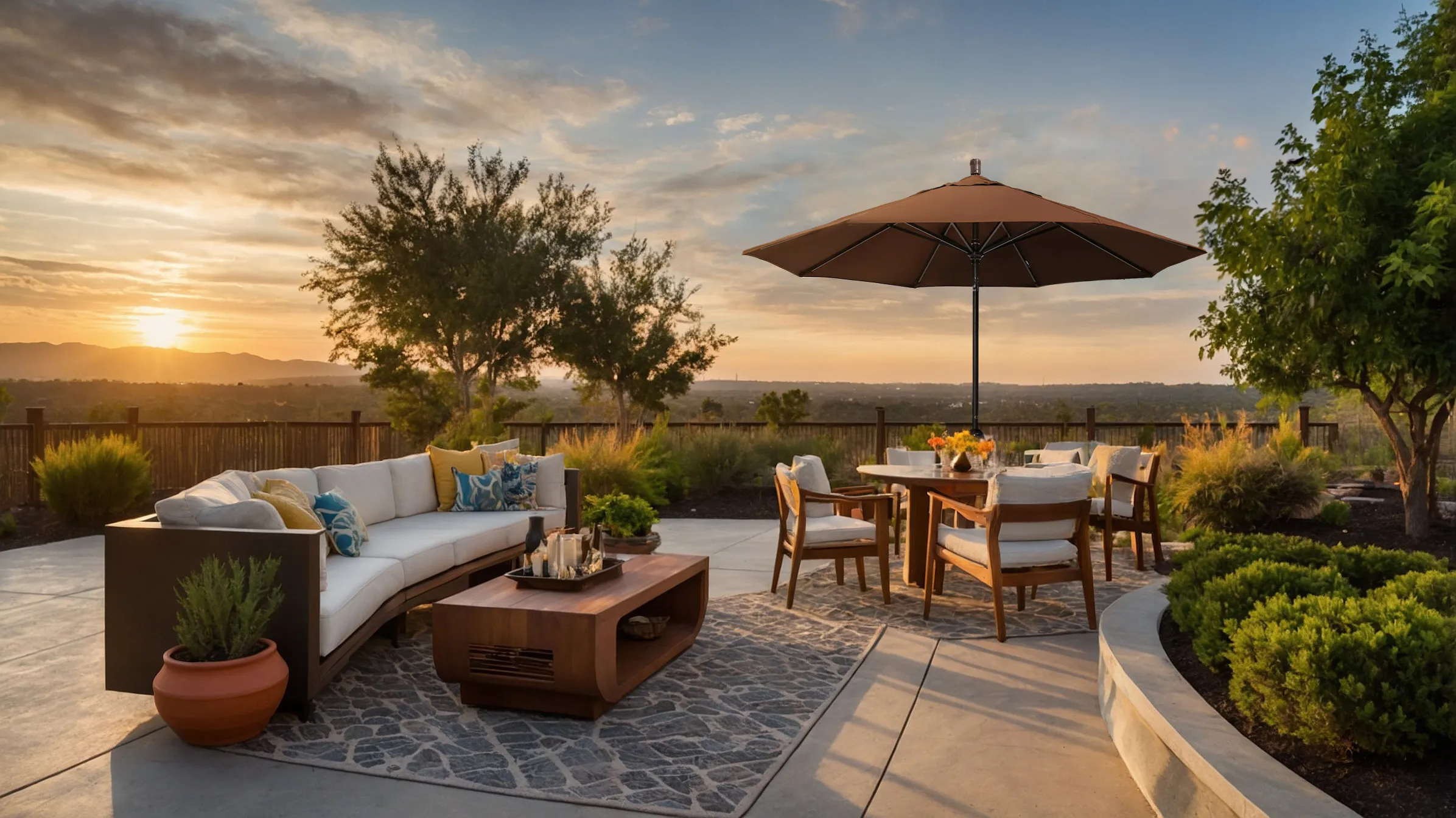 Stunning hero banner image showcasing the Sunset Series Patio Umbrella by California Umbrella in a luxurious outdoor setting at sunset. The umbrella, in a rich, earthy tone, stands elegantly over a contemporary outdoor lounge and dining area, complete with plush seating and wooden furniture. The scene captures a serene evening atmosphere, with a breathtaking view of the rolling hills in the background, highlighting the umbrella’s ability to enhance outdoor living spaces with style and comfort.