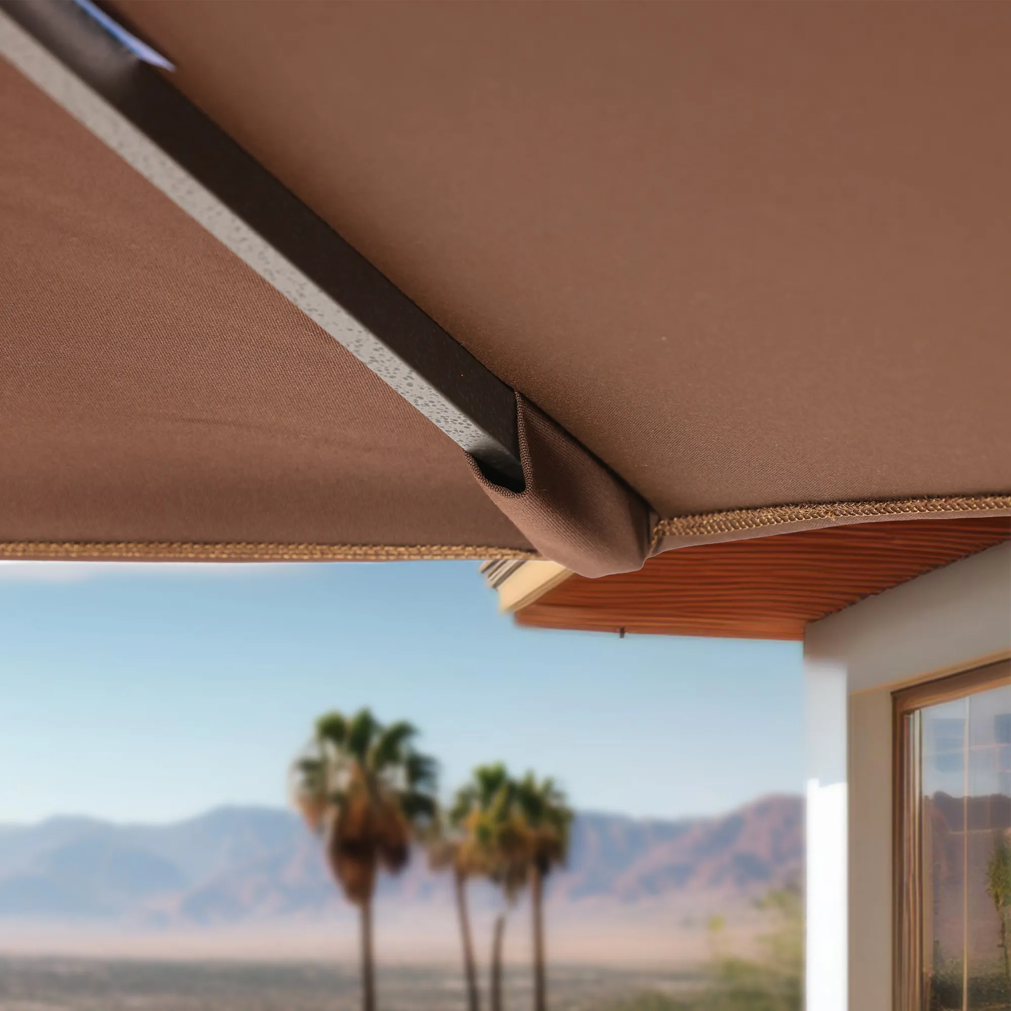 Image highlighting the reliable aluminum ribs of the Sunset Series Patio Umbrella, engineered for strength and flexibility. These ribs support the canopy effectively, ensuring it remains taut and stable even in breezy conditions, prolonging the life of the umbrella.