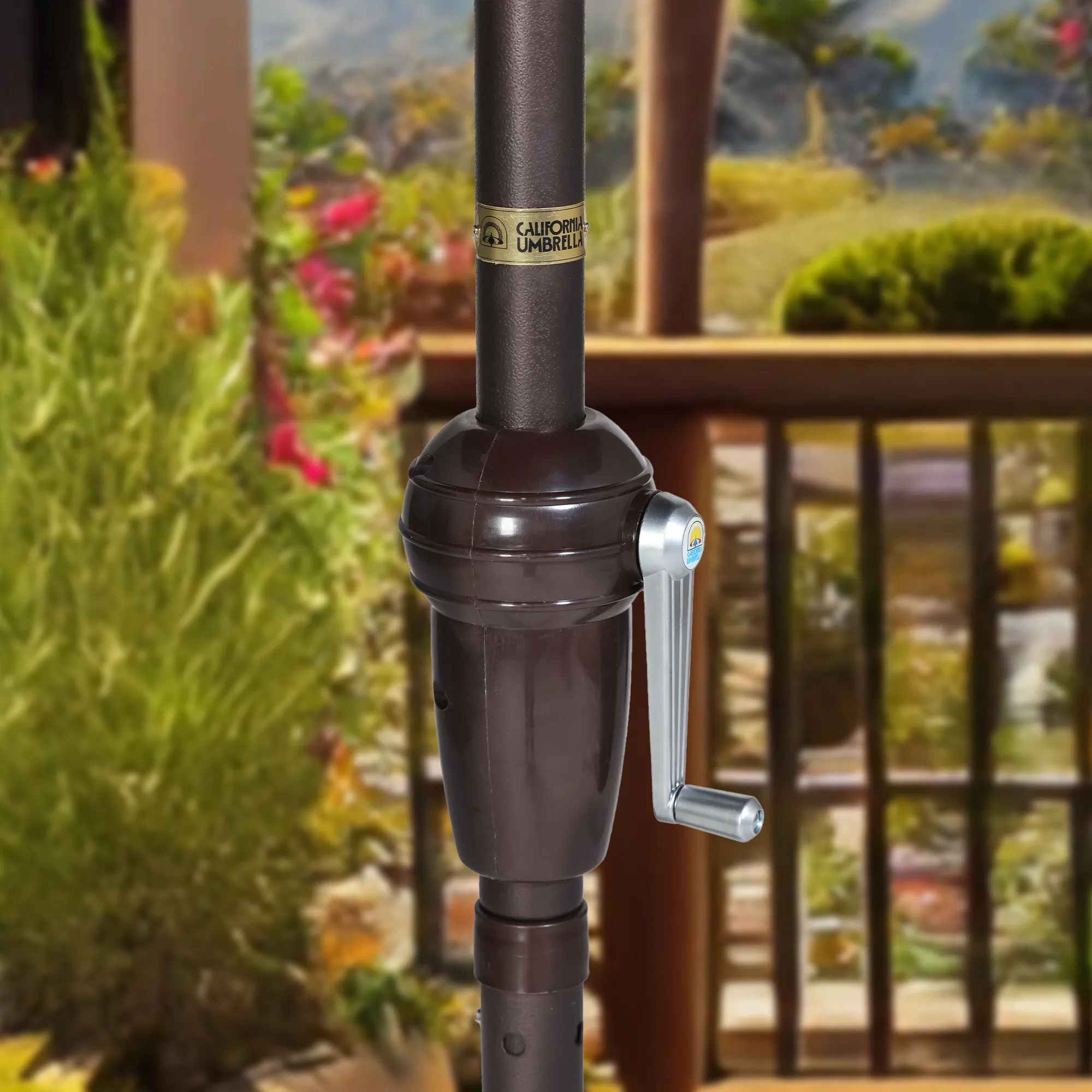 Image displaying the easy crank lift mechanism of the Sunset Series Patio Umbrella, designed for user-friendly operation. The crank lift facilitates effortless opening and closing of the umbrella, making it convenient for daily adjustments and use.