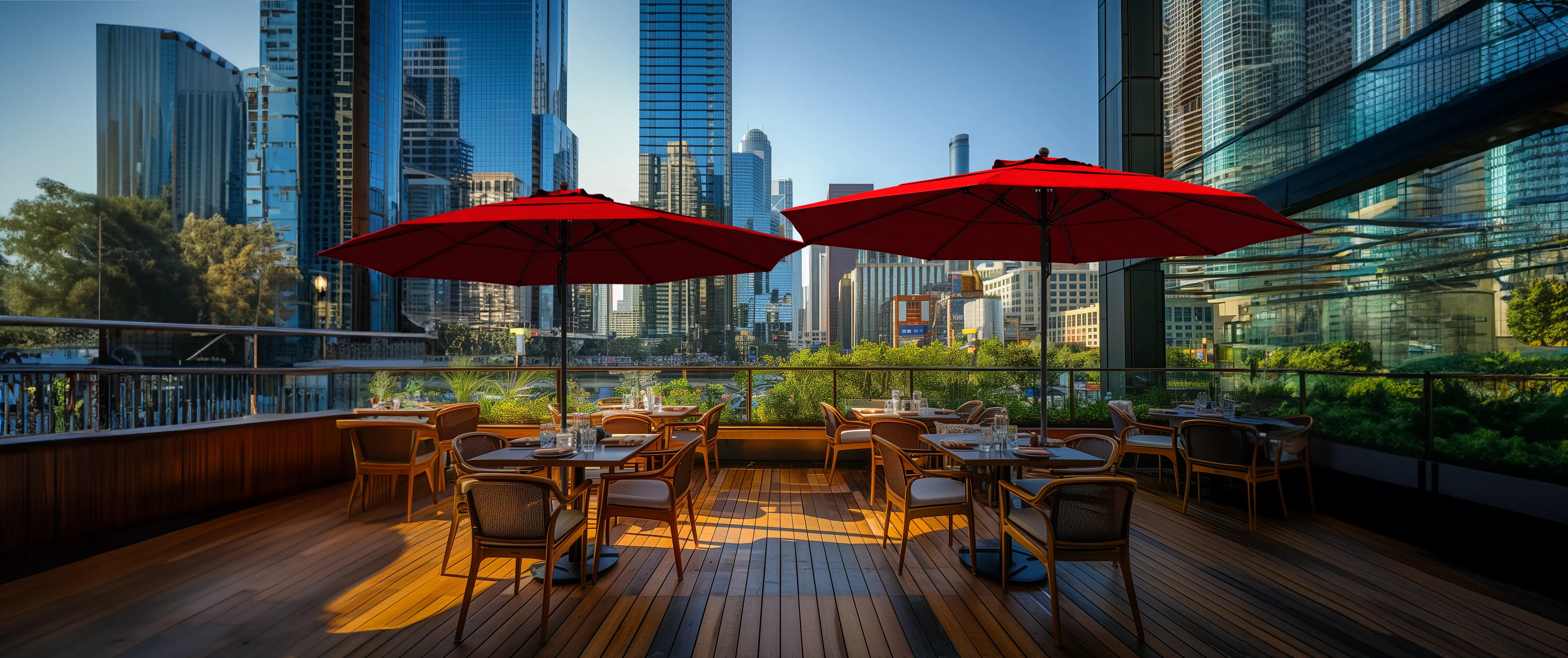 Venture Series Commercial-Grade Patio Umbrella by California Umbrella featuring durable Sunbrella fabric in Parrot color, displayed on a stylish rooftop patio with lush greenery and an urban skyline, ideal for upscale outdoor commercial settings.