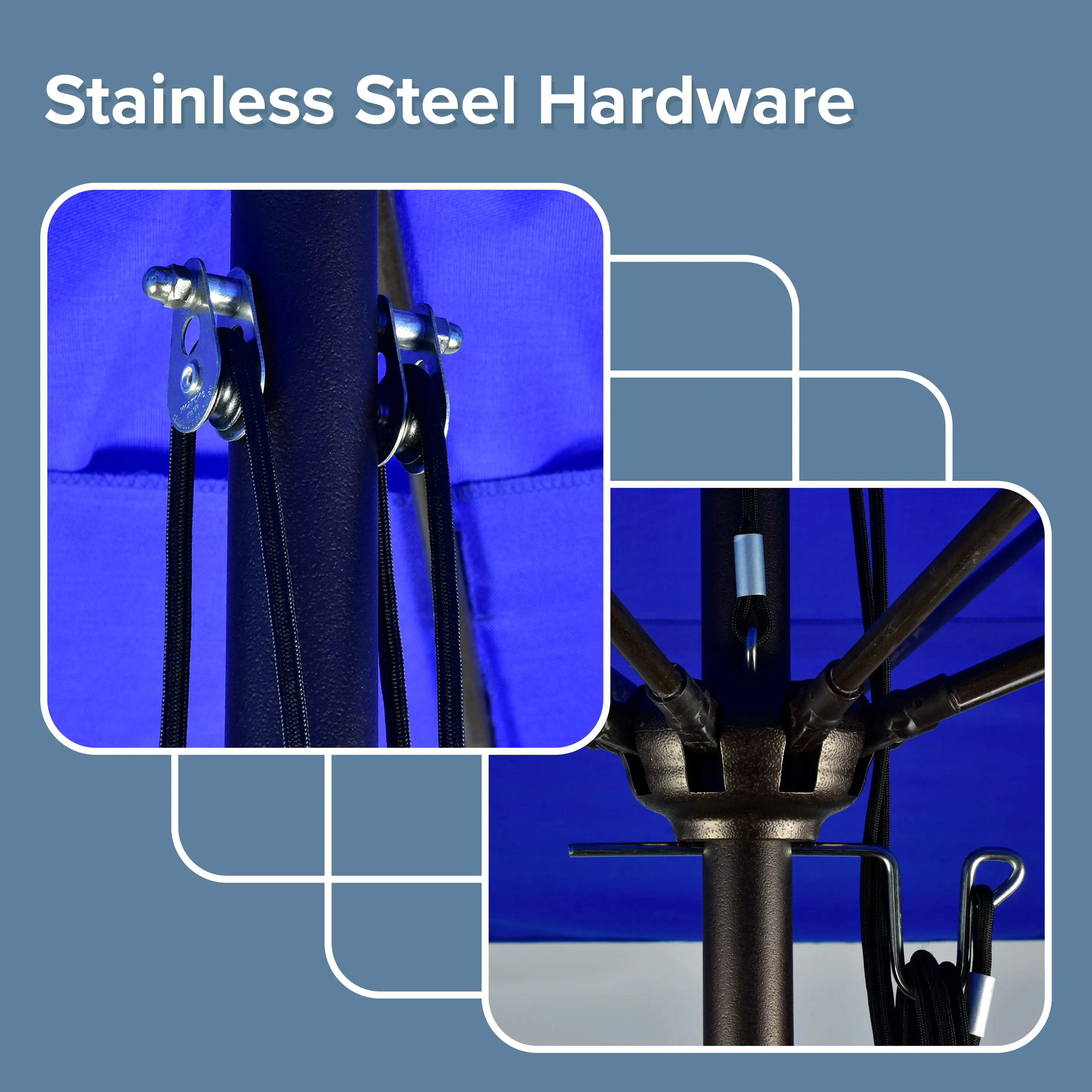 Image highlighting the stainless steel hardware of the Venture Series Commercial-Grade Patio Umbrella by California Umbrella, paired with a durable and vibrant Sunbrella Blue fabric canopy, designed for strength and longevity in outdoor commercial environments.