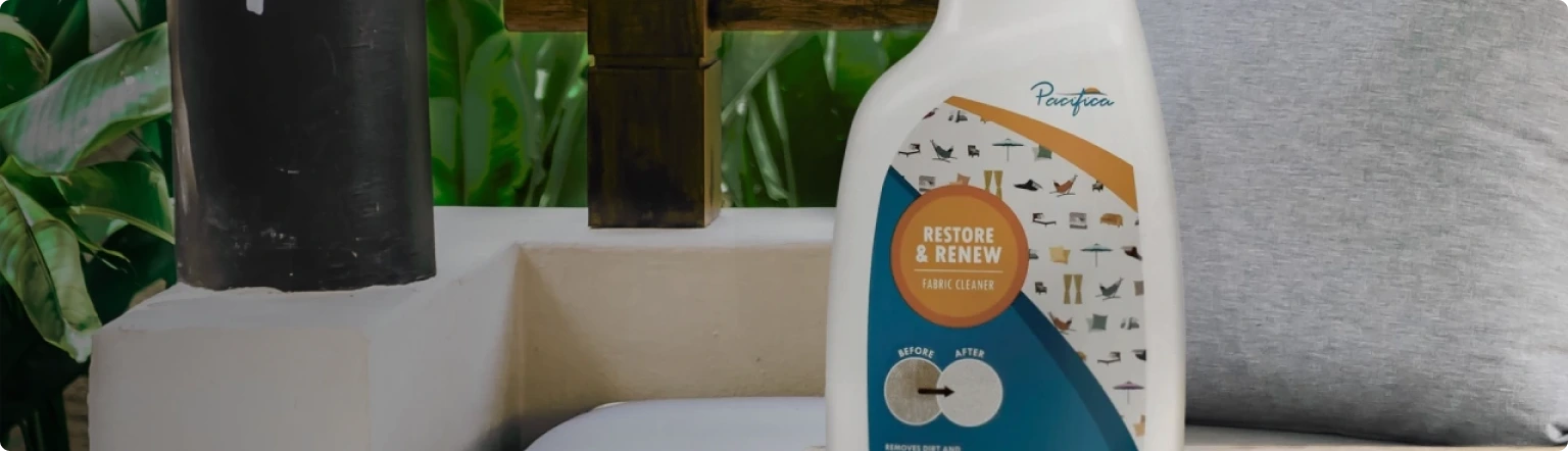 Pacifica Restore & Renew Fabric Cleaner, designed to protect and clean outdoor patio umbrellas, cushions, and furniture. This specialized cleaner removes dirt, stains, and mildew, preserving Sunbrella fabric and other outdoor textiles for long-lasting durability and freshness.